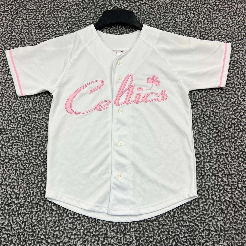 Boston Celtics Jersey Shirt Kids 8/10 White Pink NBA Button Up Short Sleeve New